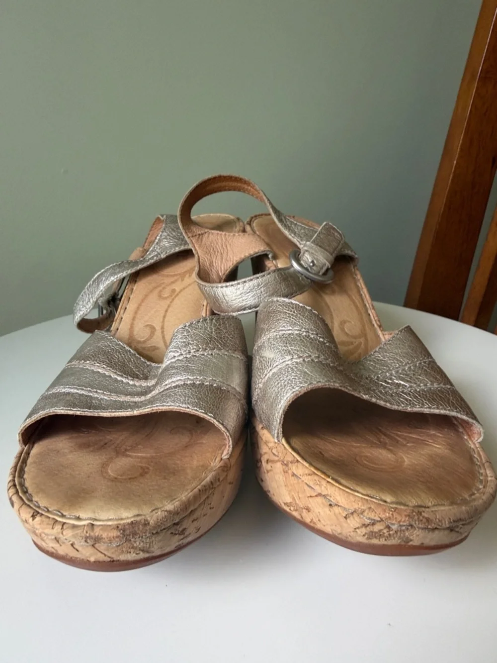 Born Metallic Leather Issa Sandals Cork Wedge Platform Sandals Heels 8/39